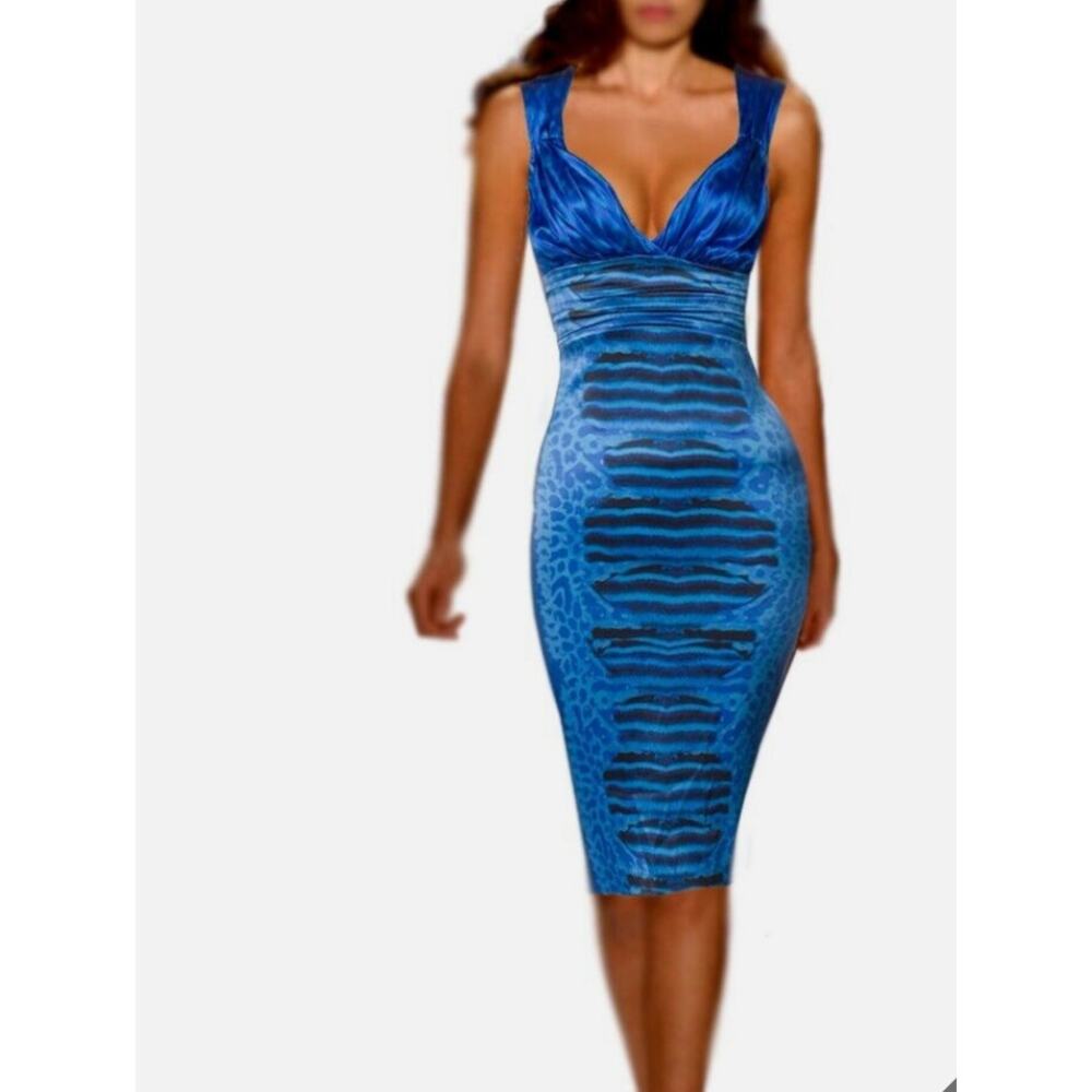 RARE! SALE $3100 Roberto Cavalli Italy Silk Blue AnimalPrint Dress Sz 38 IT 2 US